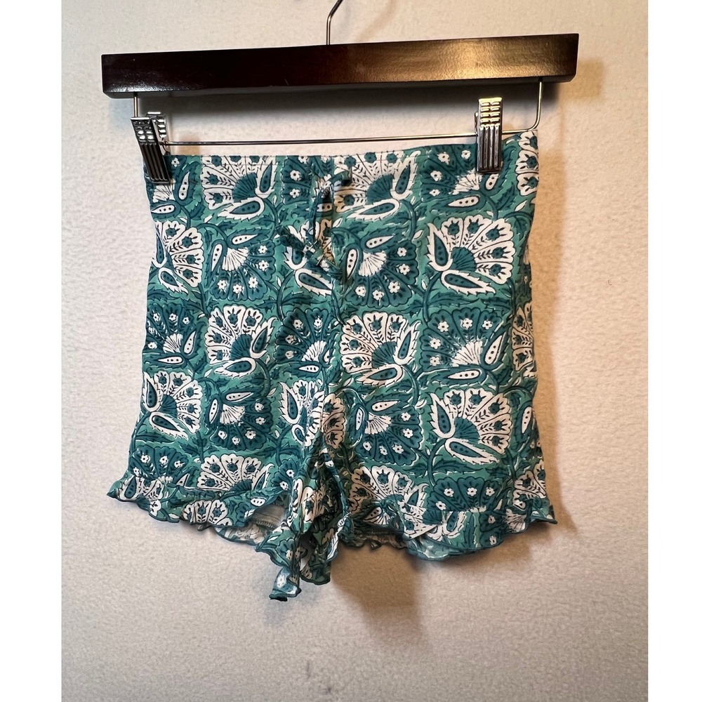 Anokhi Koki Girls Shorts‎ 8-9 Years Teal White Floral Ruffle Hem Cotton